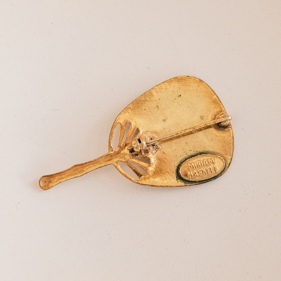 Vintage Mid-Century 1960s Miriam Haskell Brooch Bamboo Floral Hand Fan Pin - Picture 3 of 3